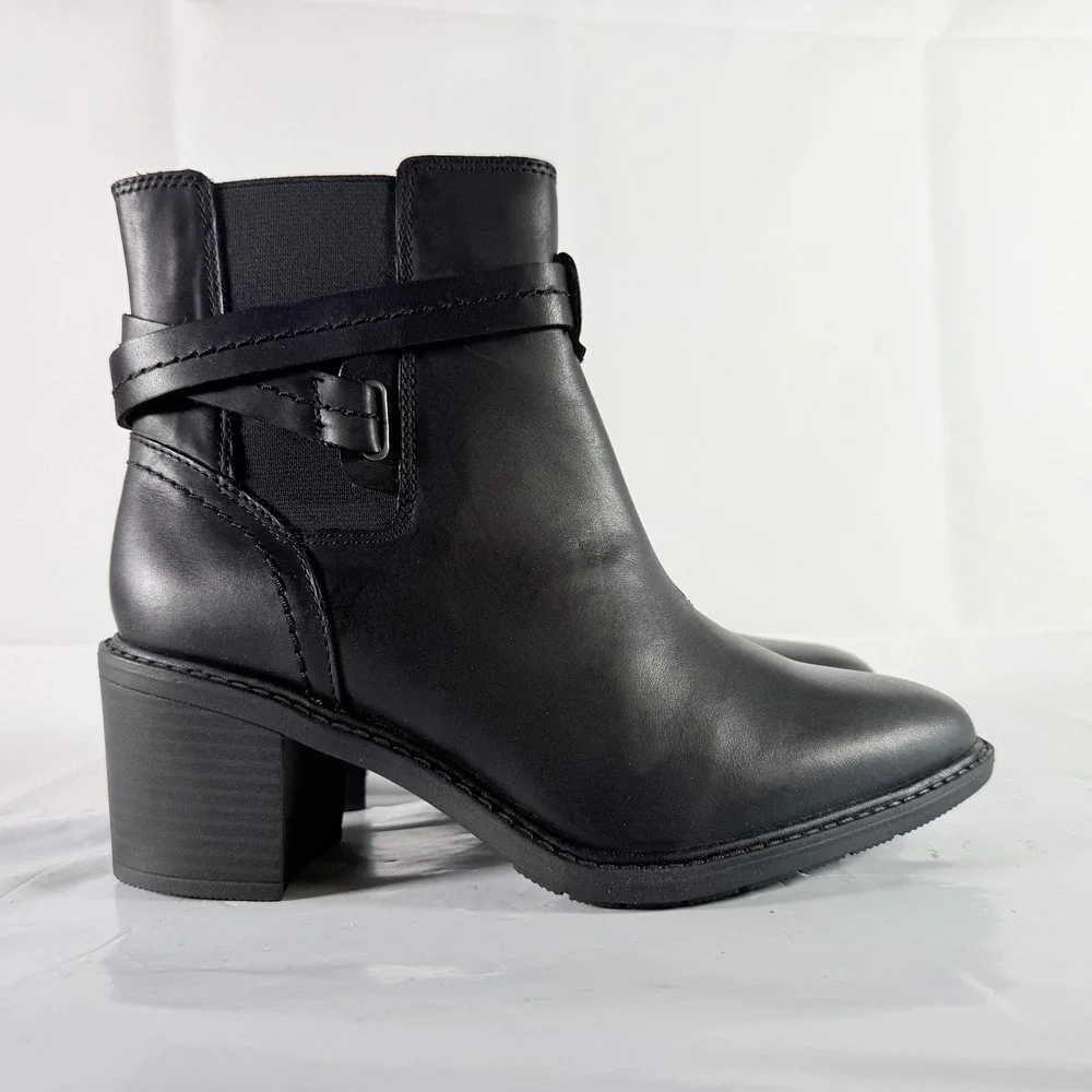 Clarks Scene Star Black Leather Ankle Boots‎ Straps Block Heel Women's Size 9M